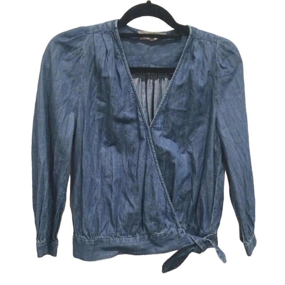 Madewell denim faux wrap top jean western rodeo preppy chambray blouse summer XS